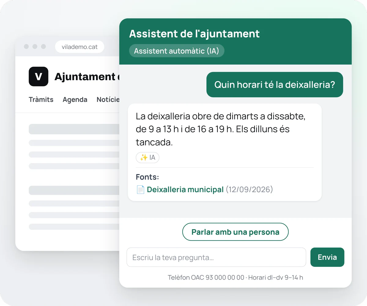 El web d'un ajuntament amb l'assistent obert. Algú pregunta quin horari té la deixalleria i la resposta porta, a sota, la font «Deixalleria municipal» amb la data.