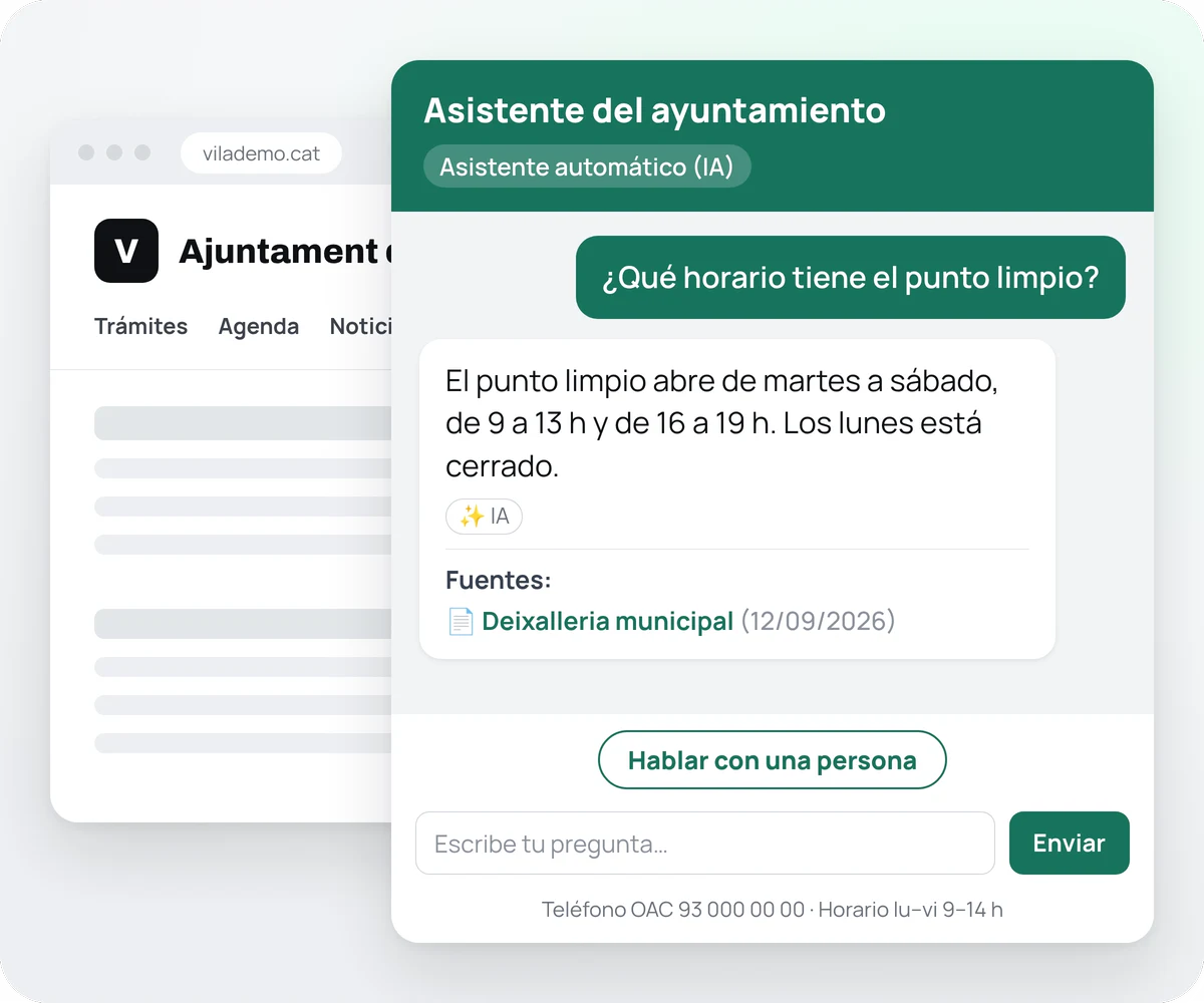 La web de un ayuntamiento con el asistente abierto. Alguien pregunta qué horario tiene el punto limpio y la respuesta lleva debajo la fuente «Deixalleria municipal» con la fecha.